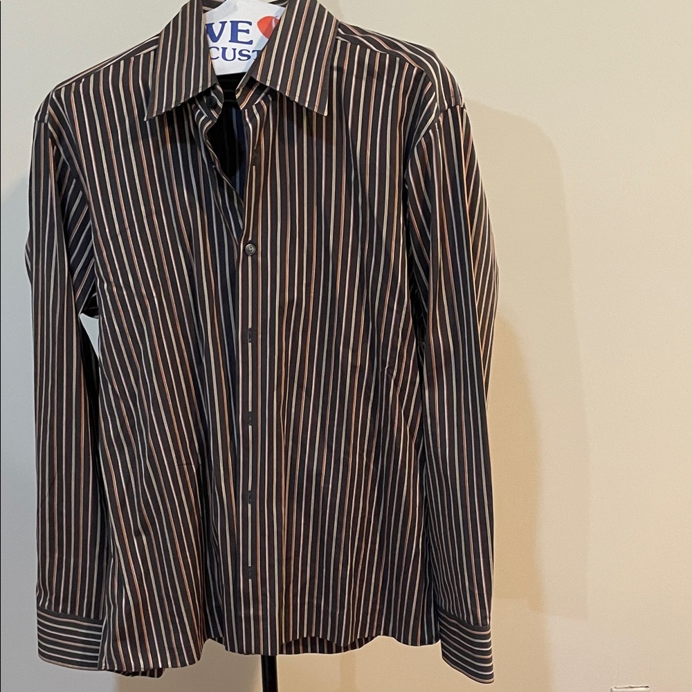 Hugo Boss Men's Black and Brown Striped Shirt